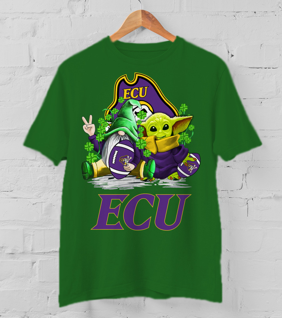 ECU East Carolina Pirates Football St. Patrick's Day Celebration With Gnome And Baby Alien T-Shirt