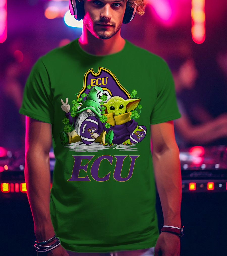 ECU East Carolina Pirates Football St. Patrick's Day Celebration With Gnome And Baby Alien T-Shirt