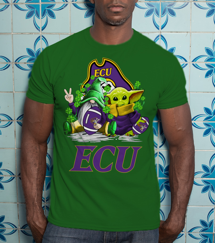ECU East Carolina Pirates Football St. Patrick's Day Celebration With Gnome And Baby Alien T-Shirt