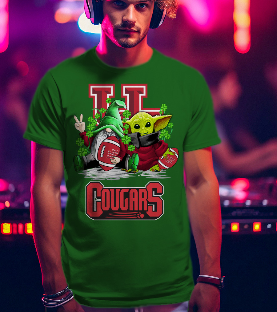 Houston Cougars St. Patrick's Day Football With Gnome And Green Character T-Shirt