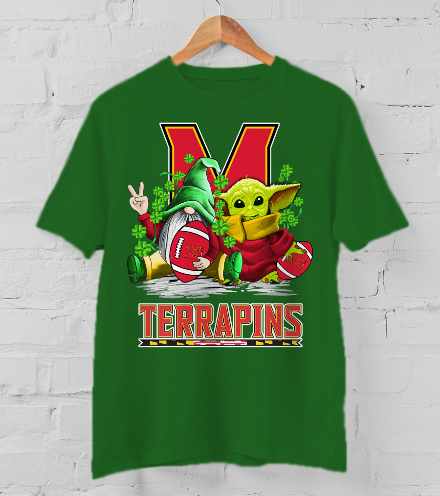 Maryland Terrapins Football St. Patrick's Day Gnome And Baby Yoda T-Shirt