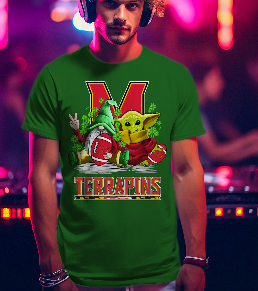 Maryland Terrapins Football St. Patrick's Day Gnome And Baby Yoda T-Shirt