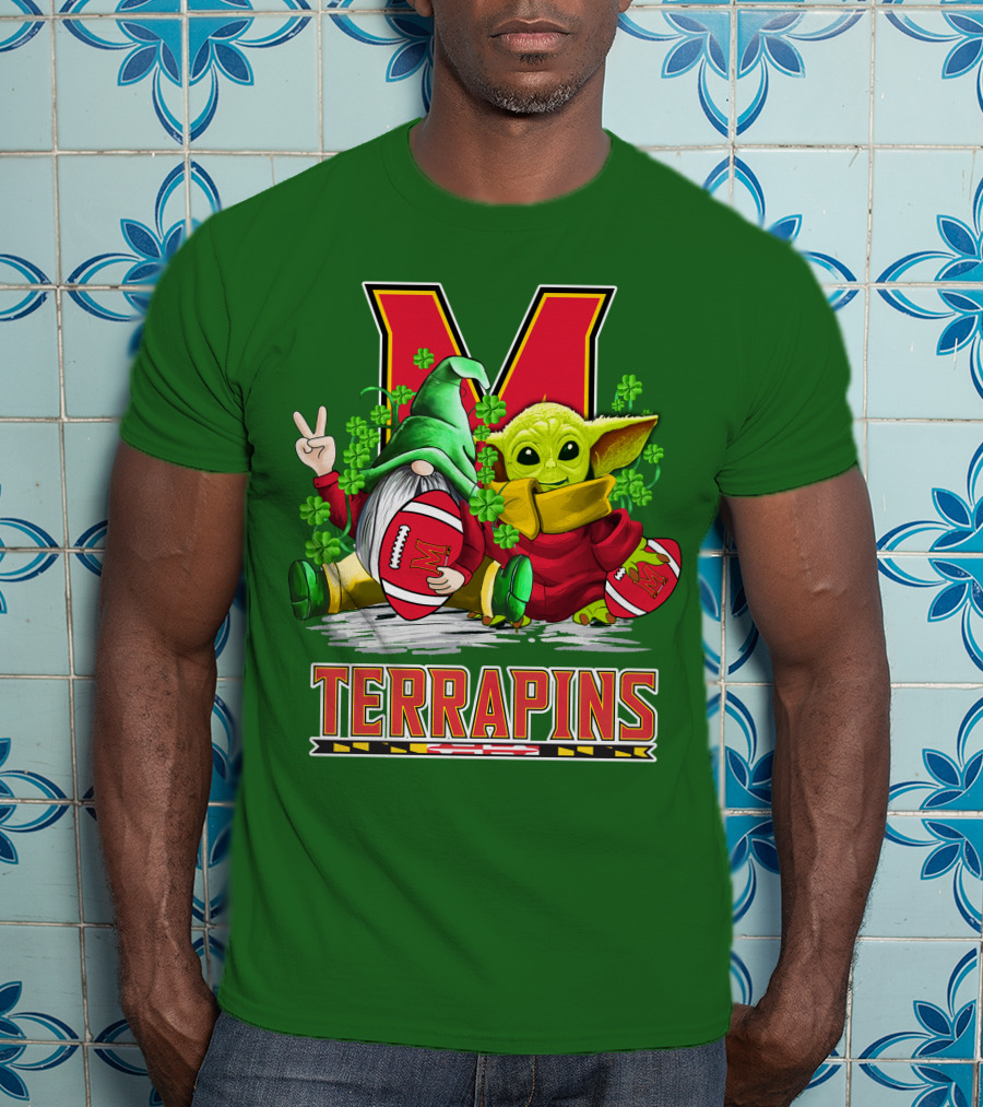 Maryland Terrapins Football St. Patrick's Day Gnome And Baby Yoda T-Shirt