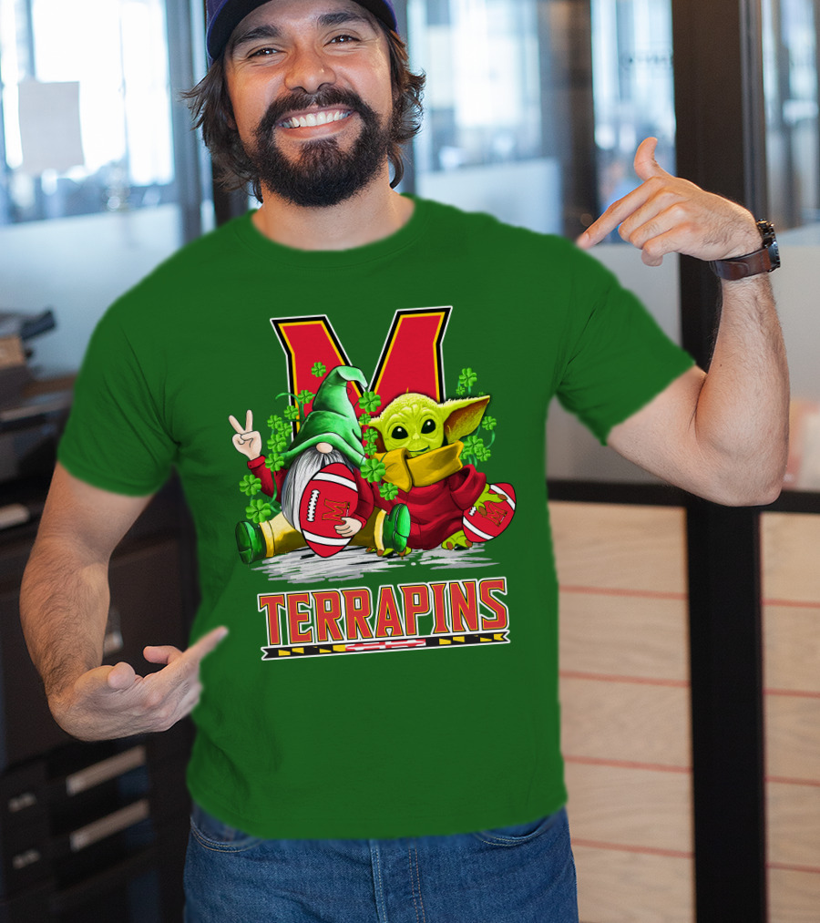 Maryland Terrapins Football St. Patrick's Day Gnome And Baby Yoda T-Shirt