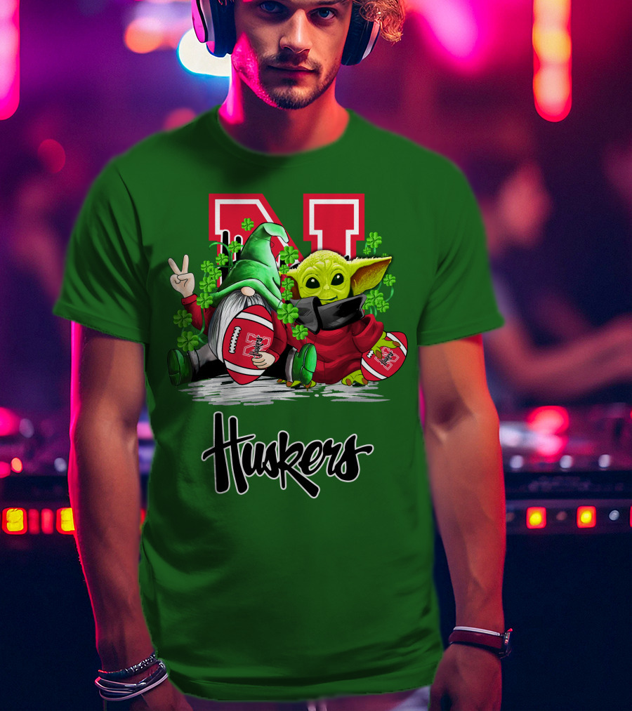Huskers Nebraska Cornhuskers Football Saint Patrick's Day Green Character Football Image T-Shirt