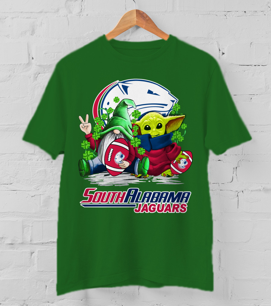 South Alabama Jaguars Football St. Patrick's Day Gnome And Baby Alien With Shamrocks T-Shirt