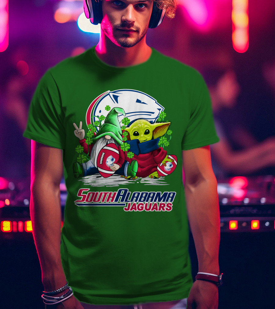 South Alabama Jaguars Football St. Patrick's Day Gnome And Baby Alien With Shamrocks T-Shirt
