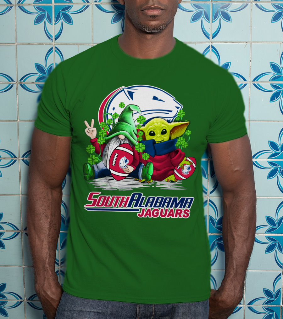 South Alabama Jaguars Football St. Patrick's Day Gnome And Baby Alien With Shamrocks T-Shirt