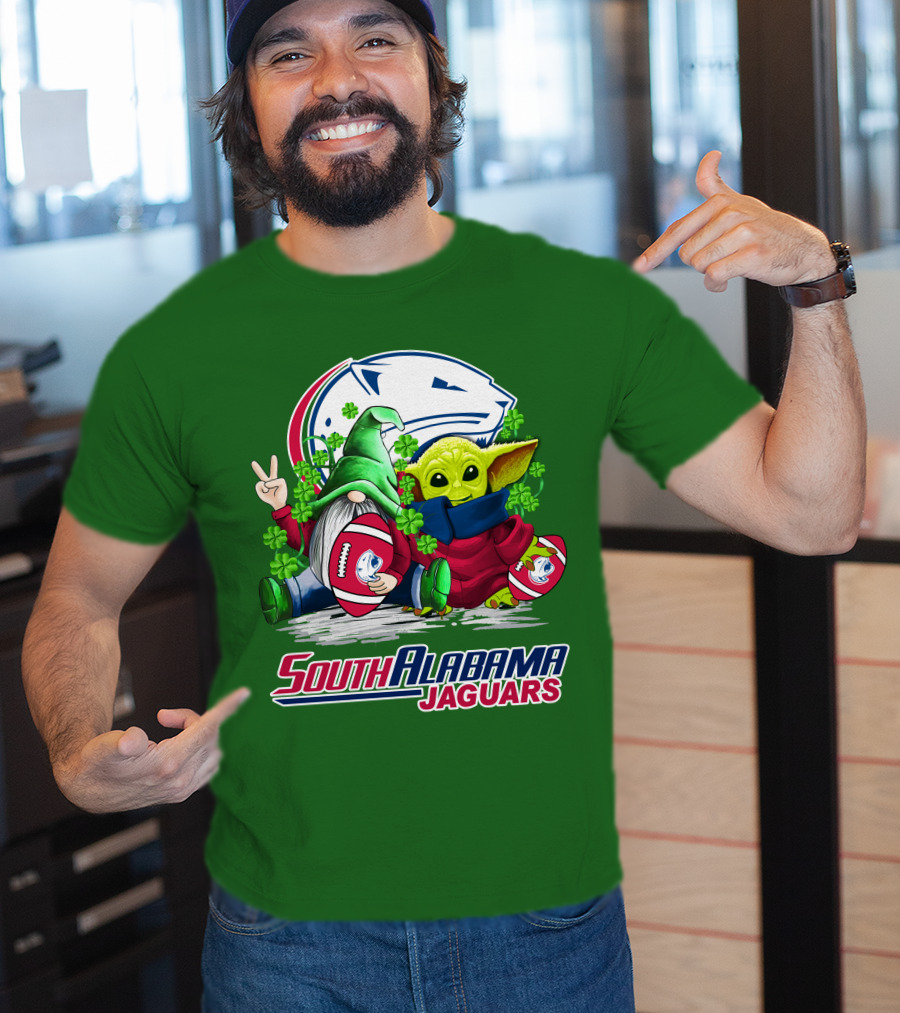 South Alabama Jaguars Football St. Patrick's Day Gnome And Baby Alien With Shamrocks T-Shirt