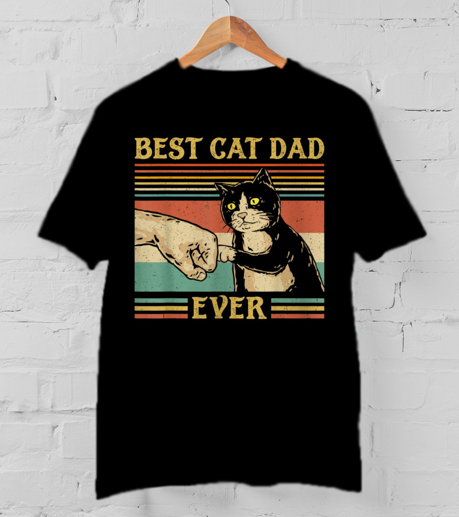 Best Cat Dad Ever Vintage Fist Bump Retro Stripes T-Shirt