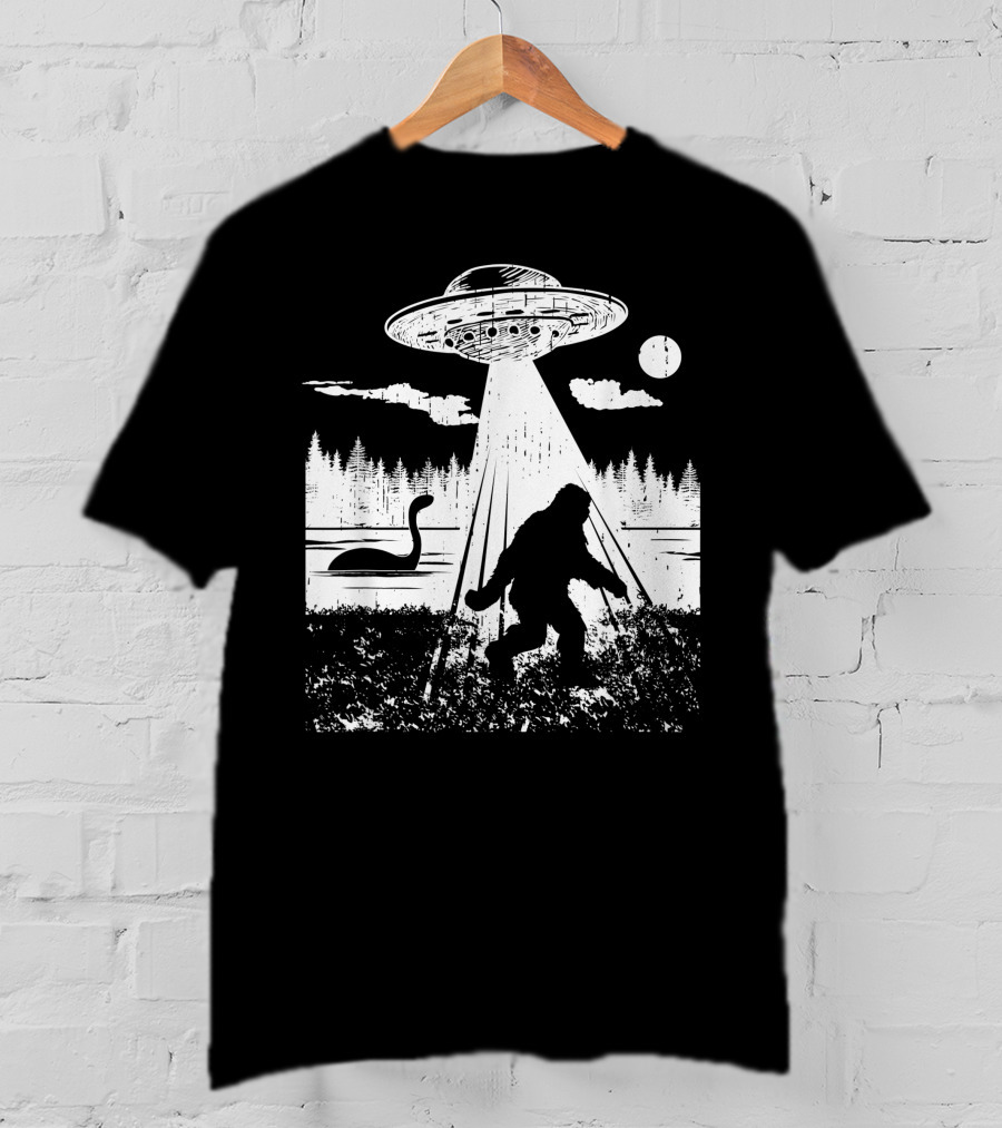 Bigfoot Abduction By UFO With Lake Monster And Full Moon T-Shirt