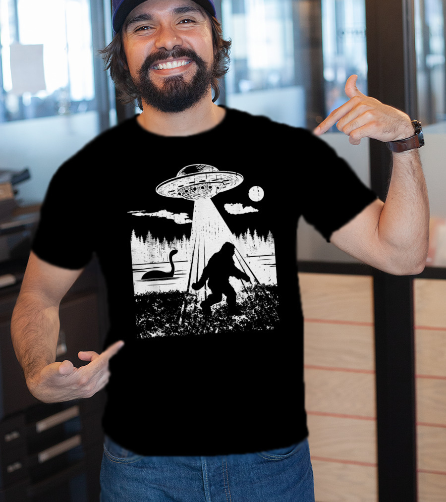 Bigfoot Abduction By UFO With Lake Monster And Full Moon T-Shirt