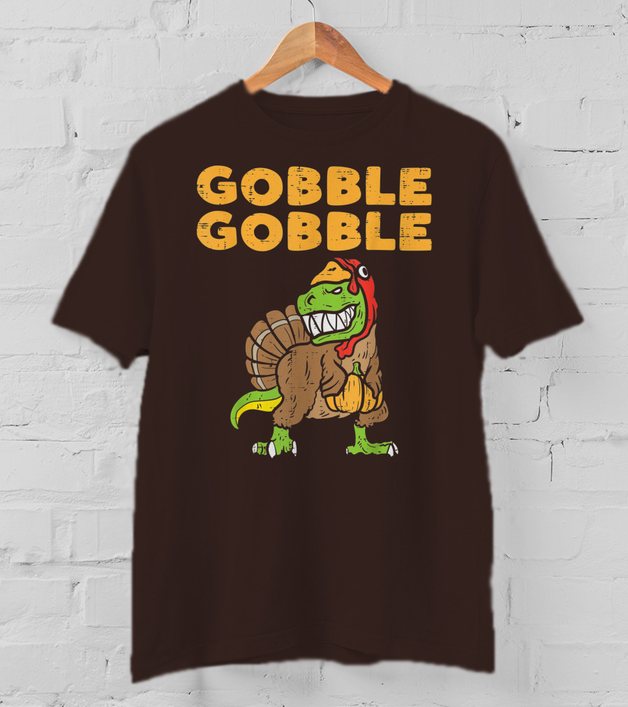 Gobble Gobble T-Rex Dinosaur Turkey Holding Pumpkin T-Shirt