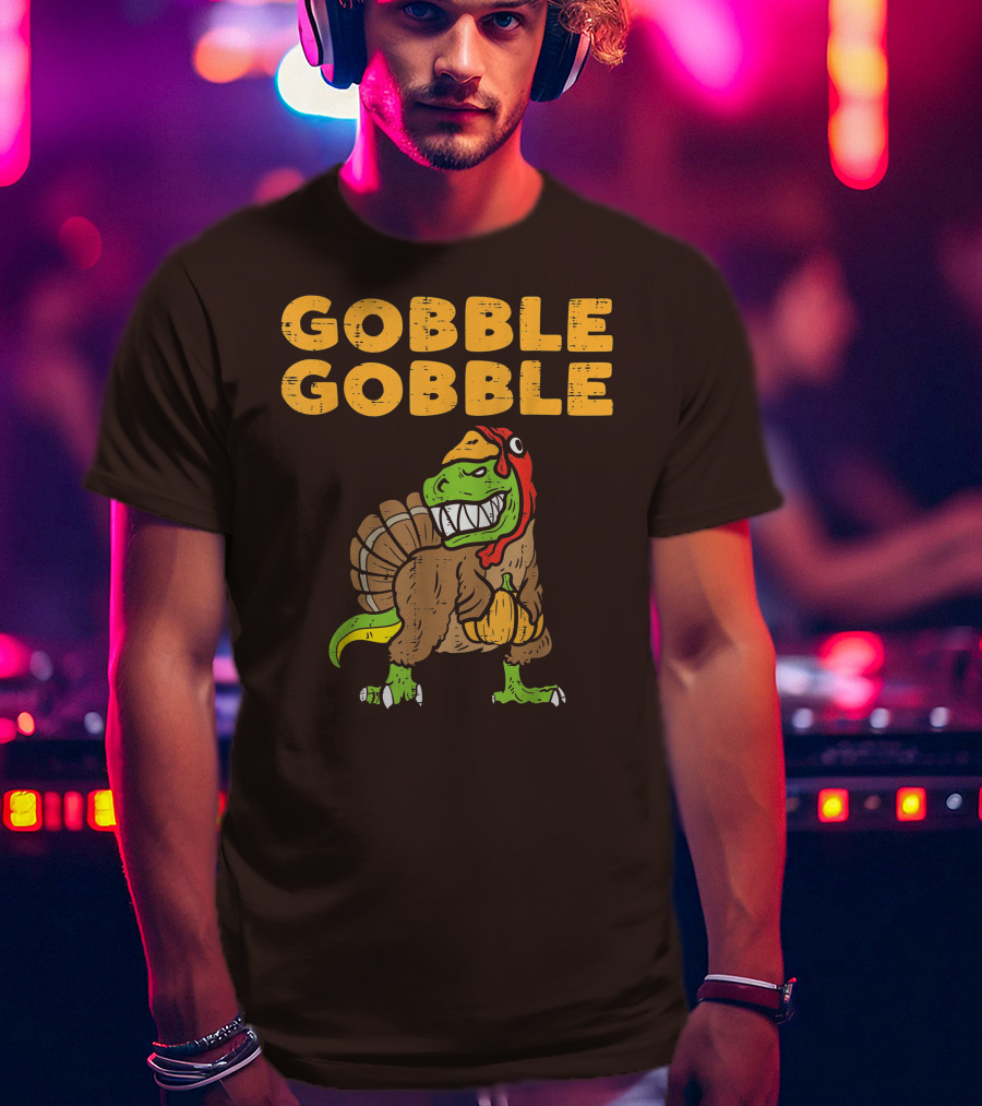 Gobble Gobble T-Rex Dinosaur Turkey Holding Pumpkin T-Shirt