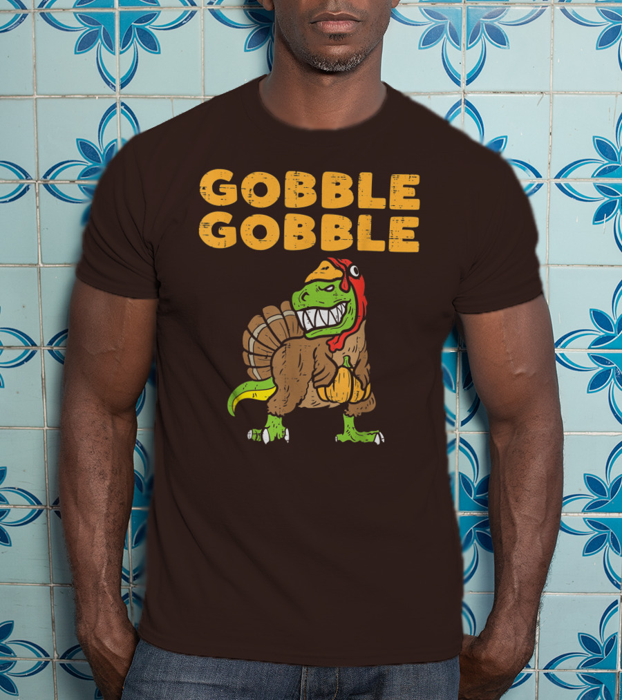 Gobble Gobble T-Rex Dinosaur Turkey Holding Pumpkin T-Shirt