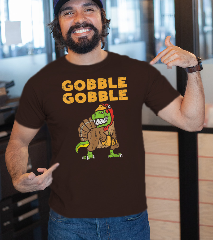 Gobble Gobble T-Rex Dinosaur Turkey Holding Pumpkin T-Shirt