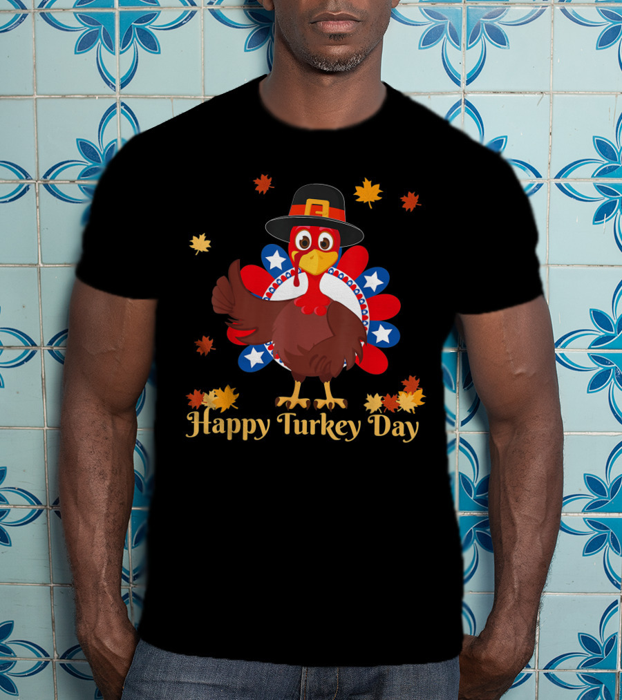 Happy Turkey Day Retro Thanksgiving USA Flag T-Shirt