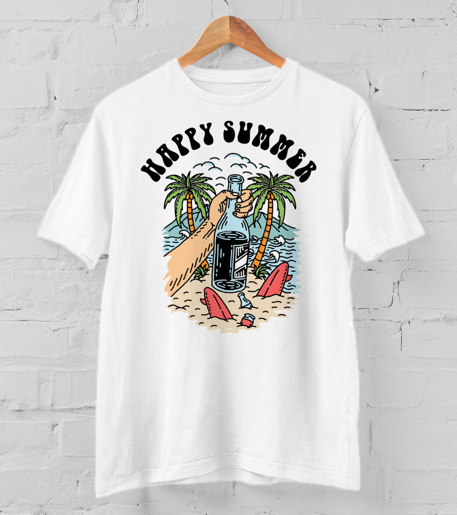 Happy Summer Beach Scene With Palms And Bottle T-Shirt