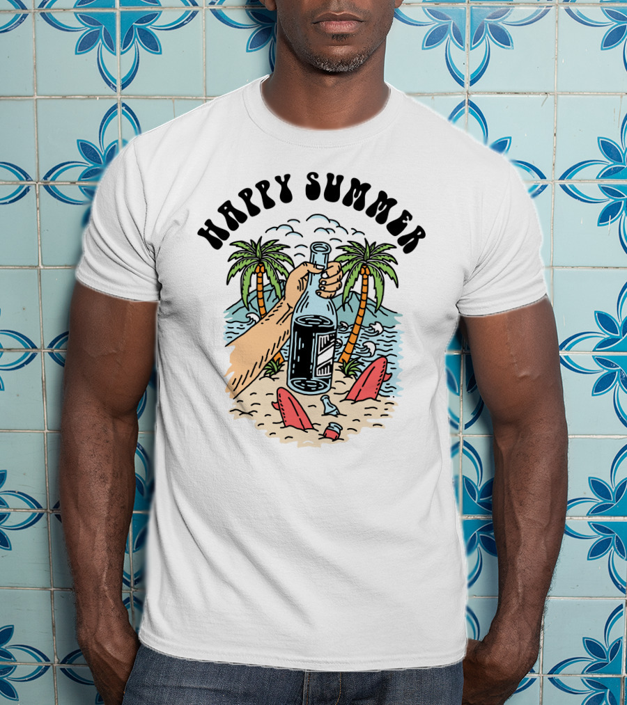 Happy Summer Beach Scene With Palms And Bottle T-Shirt