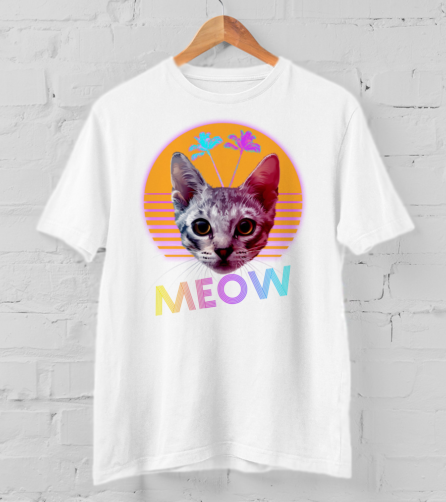 Retro Meow Cat With Palm Trees And Sunset Stripes T-Shirt