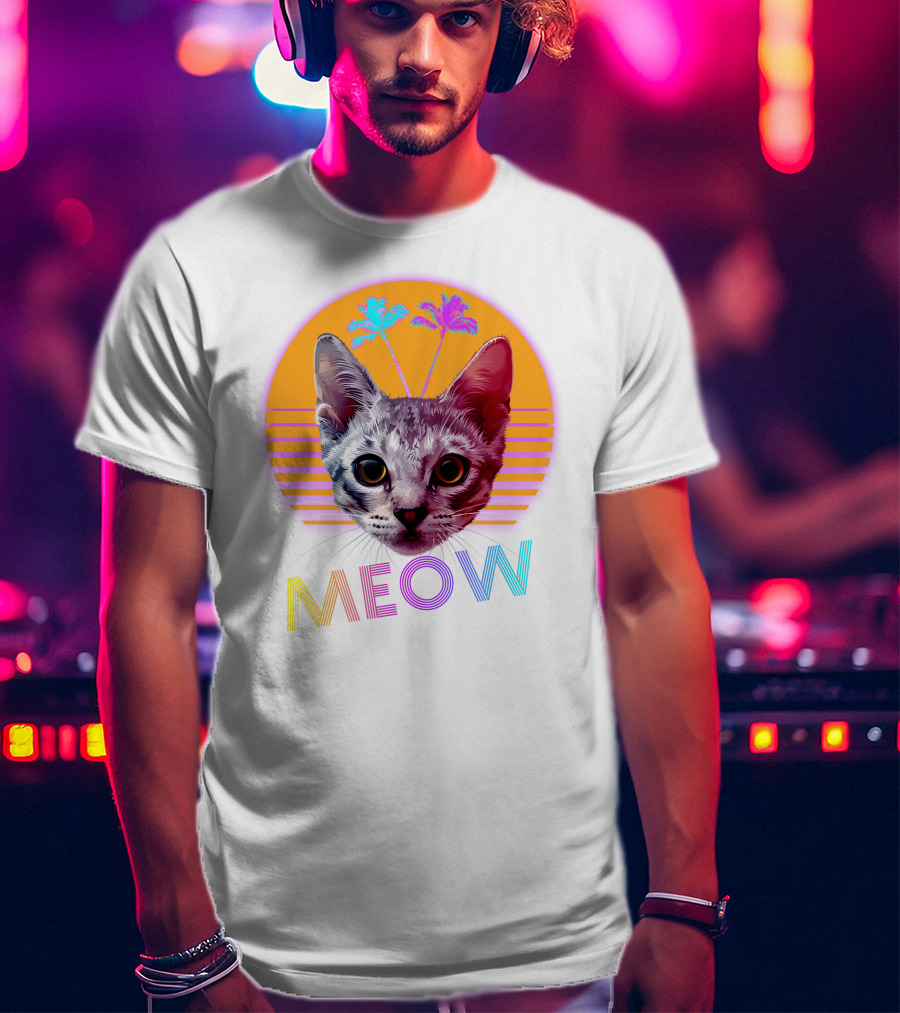 Retro Meow Cat With Palm Trees And Sunset Stripes T-Shirt