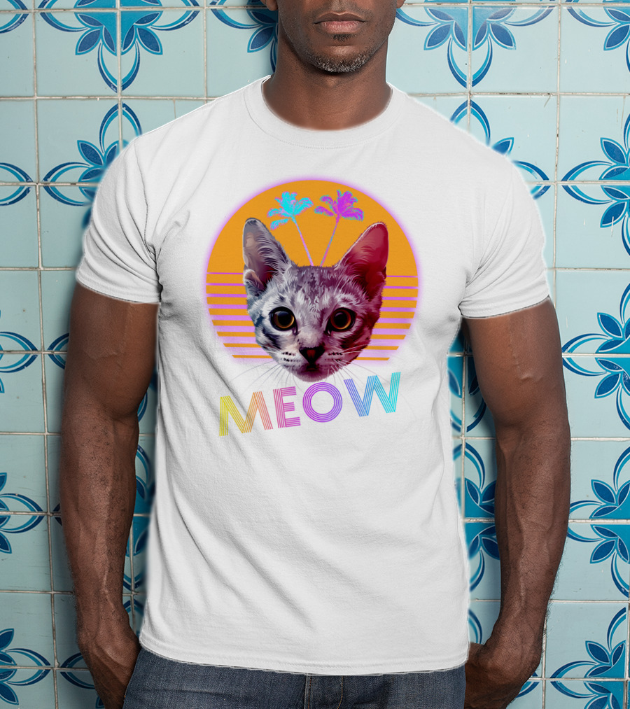 Retro Meow Cat With Palm Trees And Sunset Stripes T-Shirt