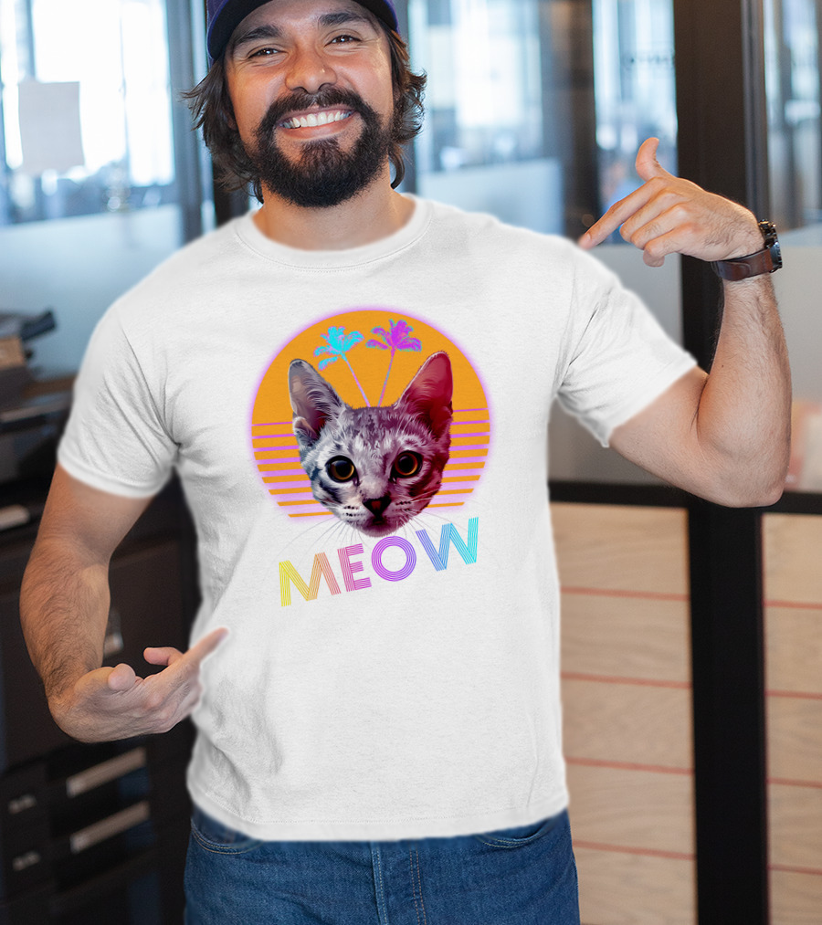 Retro Meow Cat With Palm Trees And Sunset Stripes T-Shirt