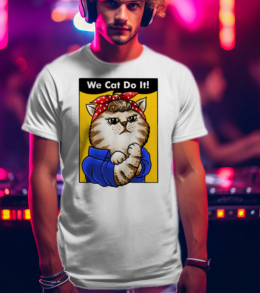 We Cat Do It Humorous Cat With Red Polka Dot Bandana And Blue T-Shirt
