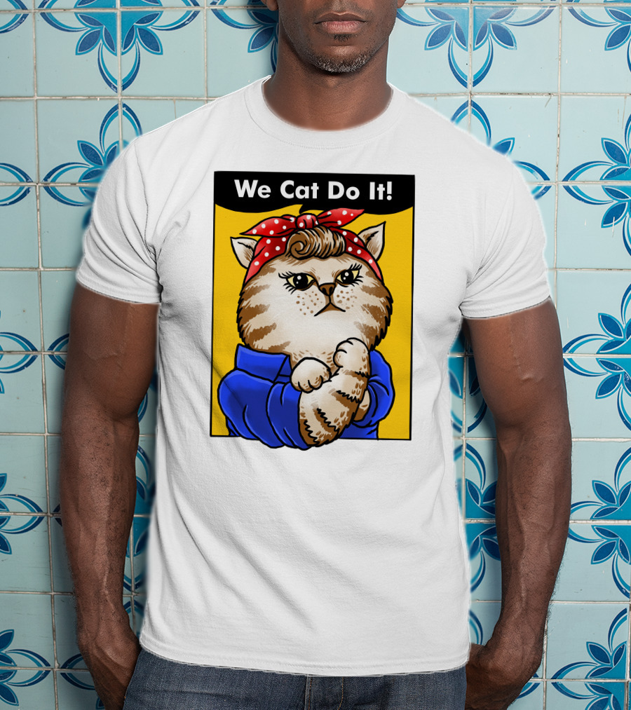 We Cat Do It Humorous Cat With Red Polka Dot Bandana And Blue T-Shirt