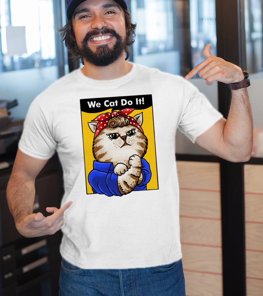 We Cat Do It Humorous Cat With Red Polka Dot Bandana And Blue T-Shirt