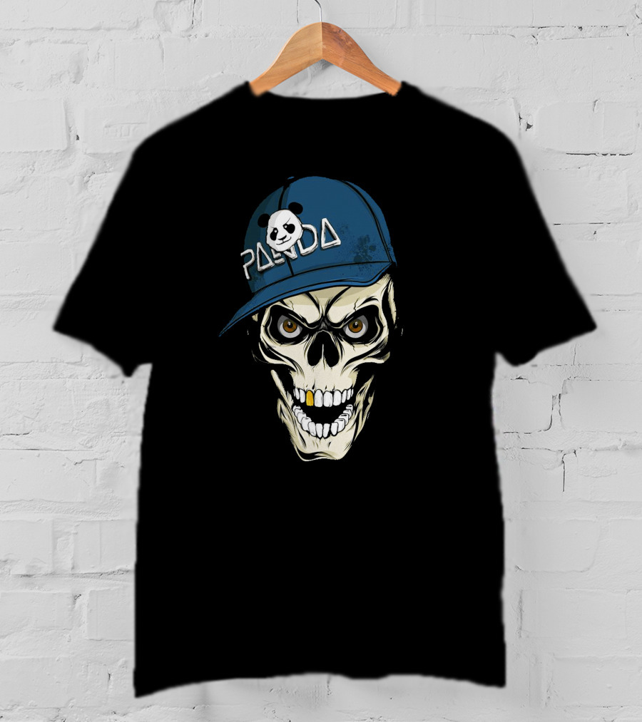 Skull Panda Blue Hat Grinning Face With Panda T-Shirt