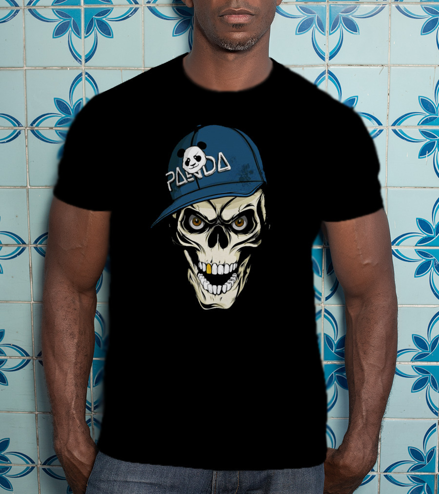 Skull Panda Blue Hat Grinning Face With Panda T-Shirt