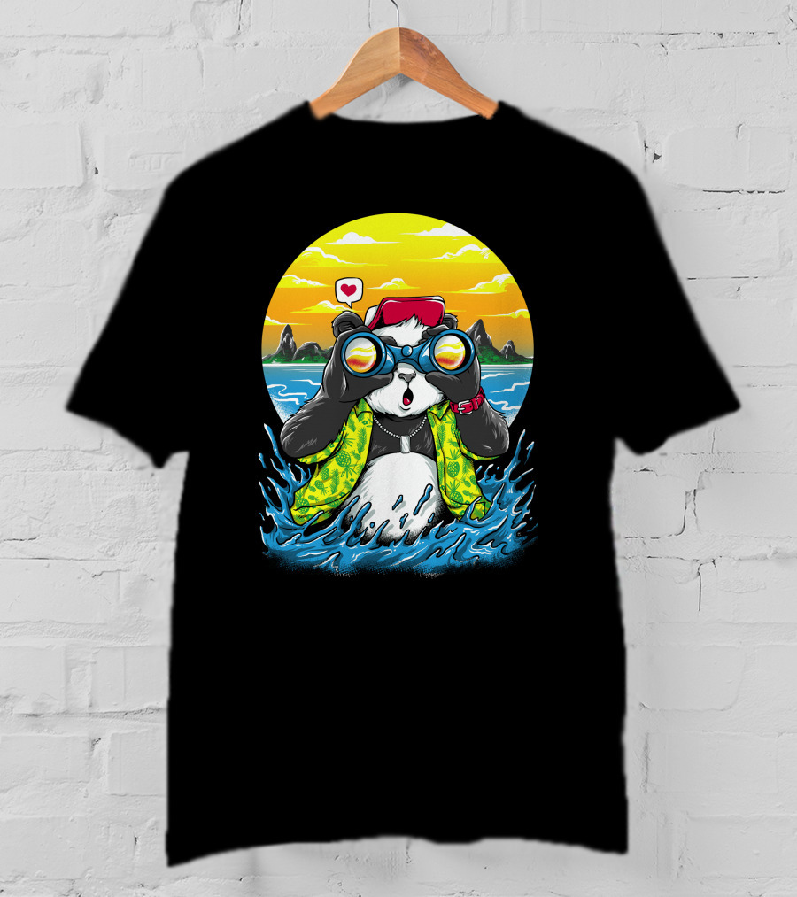 Summer Panda Beach Adventure With Binoculars And Heart T-Shirt