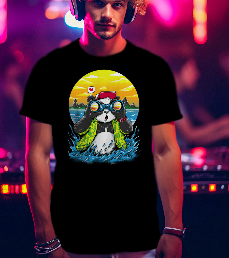 Summer Panda Beach Adventure With Binoculars And Heart T-Shirt