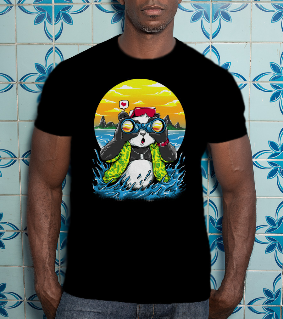 Summer Panda Beach Adventure With Binoculars And Heart T-Shirt