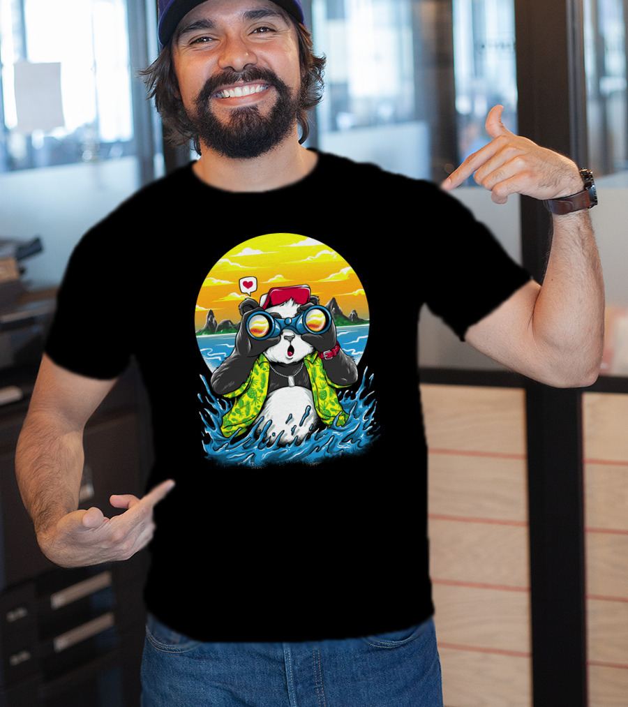 Summer Panda Beach Adventure With Binoculars And Heart T-Shirt