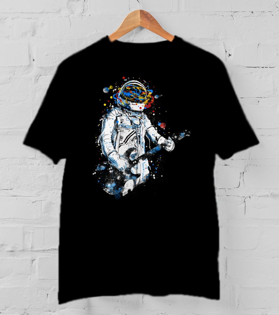 Space Guitar Astronaut Playing Cosmic Electric Guitar With Planetary Helmet And Colorful Galaxy T-Shirt