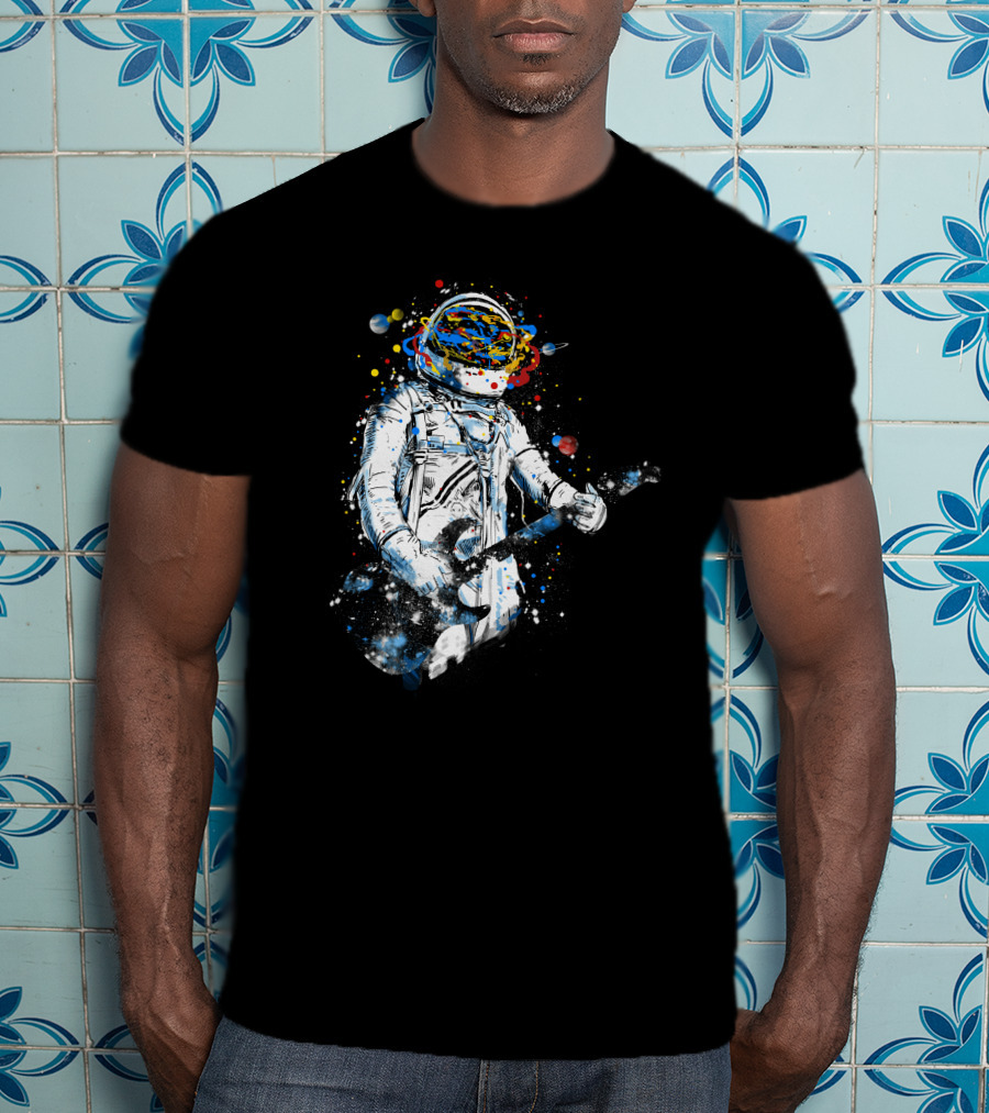 Space Guitar Astronaut Playing Cosmic Electric Guitar With Planetary Helmet And Colorful Galaxy T-Shirt