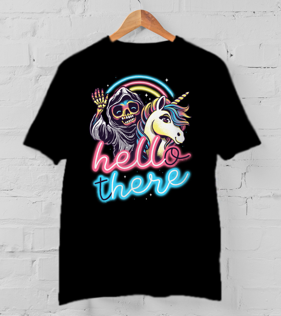 Hello There Grim Reaper And Unicorn Neon Rainbow T-Shirt