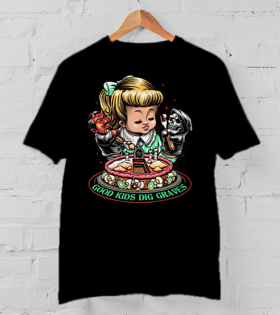 Good Kids Dig Graves Devil And Grim Reaper Cake Scene T-Shirt