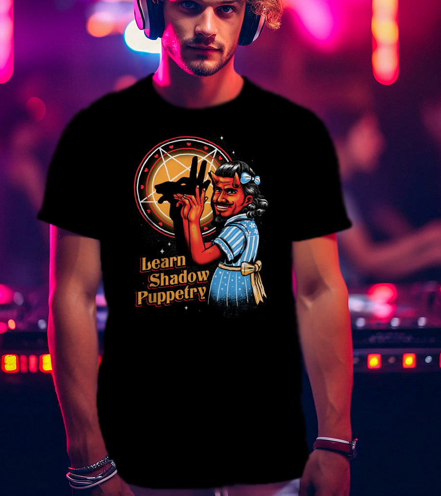 Learn Shadow Puppetry Demonic Child Pentagram Background T-Shirt