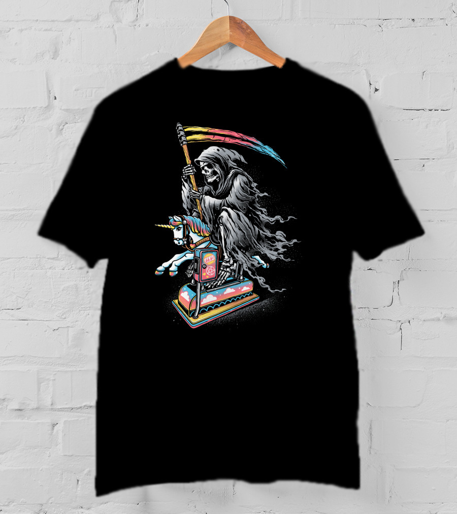 Death Riding Rainbow Scythe Unicorn Carousel Coin-Op T-Shirt