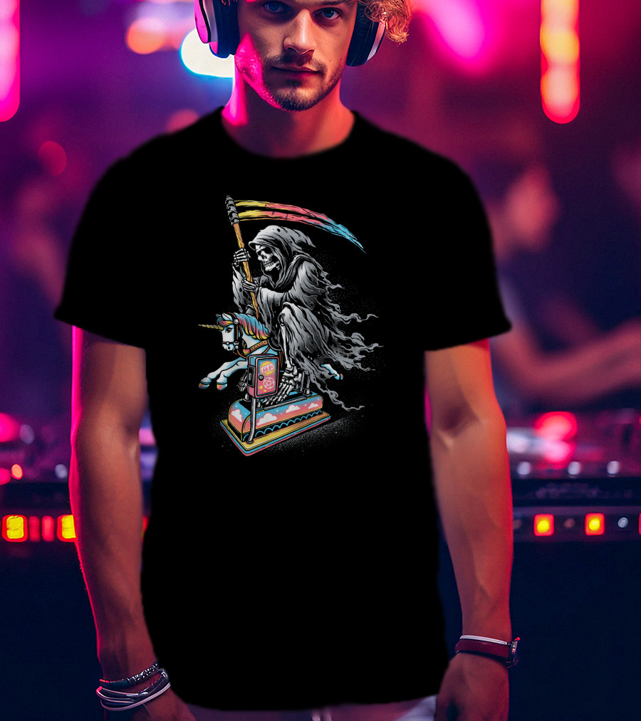 Death Riding Rainbow Scythe Unicorn Carousel Coin-Op T-Shirt