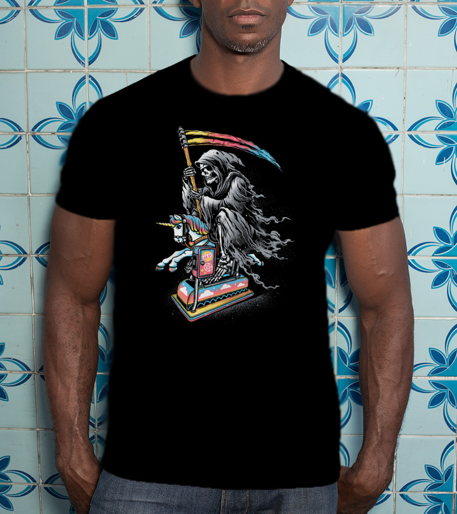 Death Riding Rainbow Scythe Unicorn Carousel Coin-Op T-Shirt