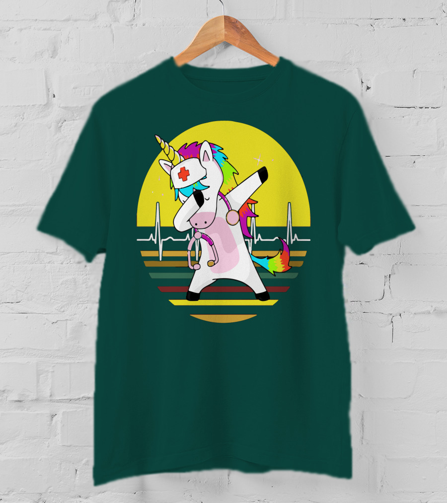 Unicorn Nurse Dabbing With Rainbow Stethoscope And Heartbeat Background T-Shirt