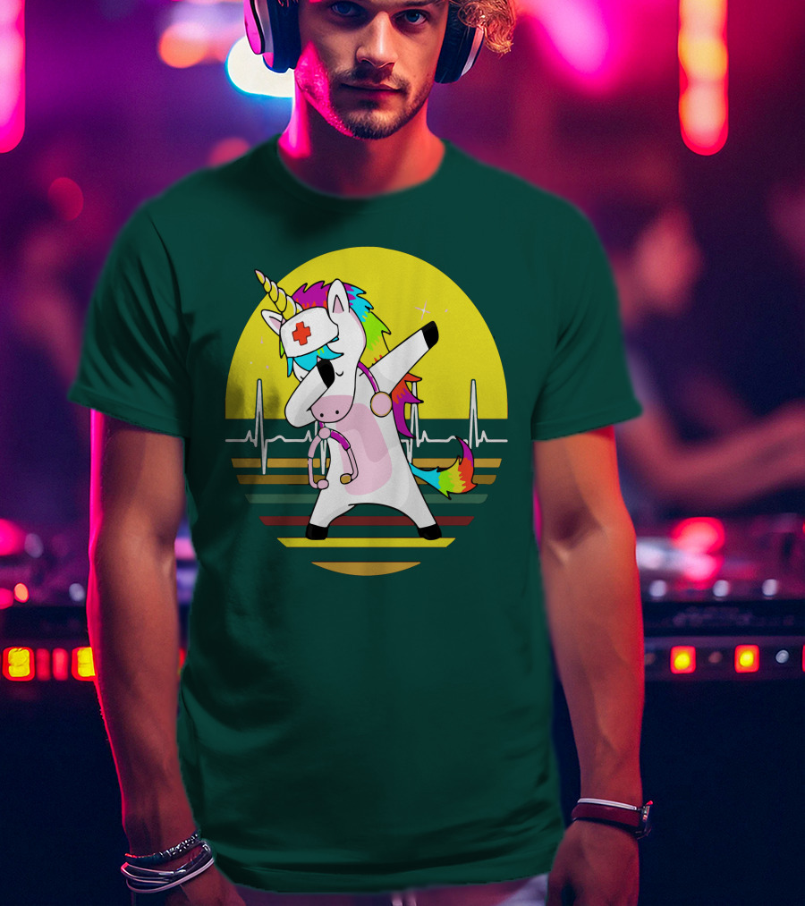 Unicorn Nurse Dabbing With Rainbow Stethoscope And Heartbeat Background T-Shirt
