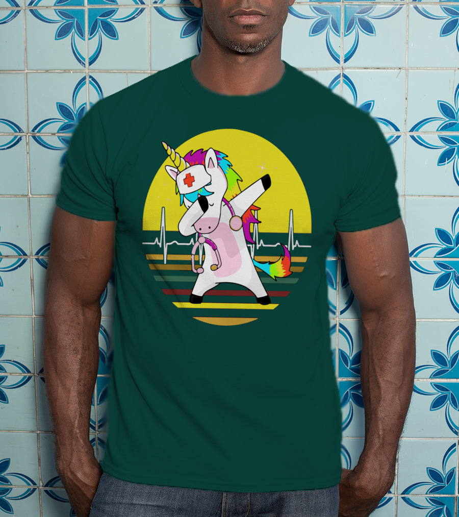 Unicorn Nurse Dabbing With Rainbow Stethoscope And Heartbeat Background T-Shirt