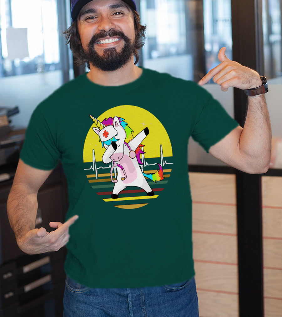 Unicorn Nurse Dabbing With Rainbow Stethoscope And Heartbeat Background T-Shirt