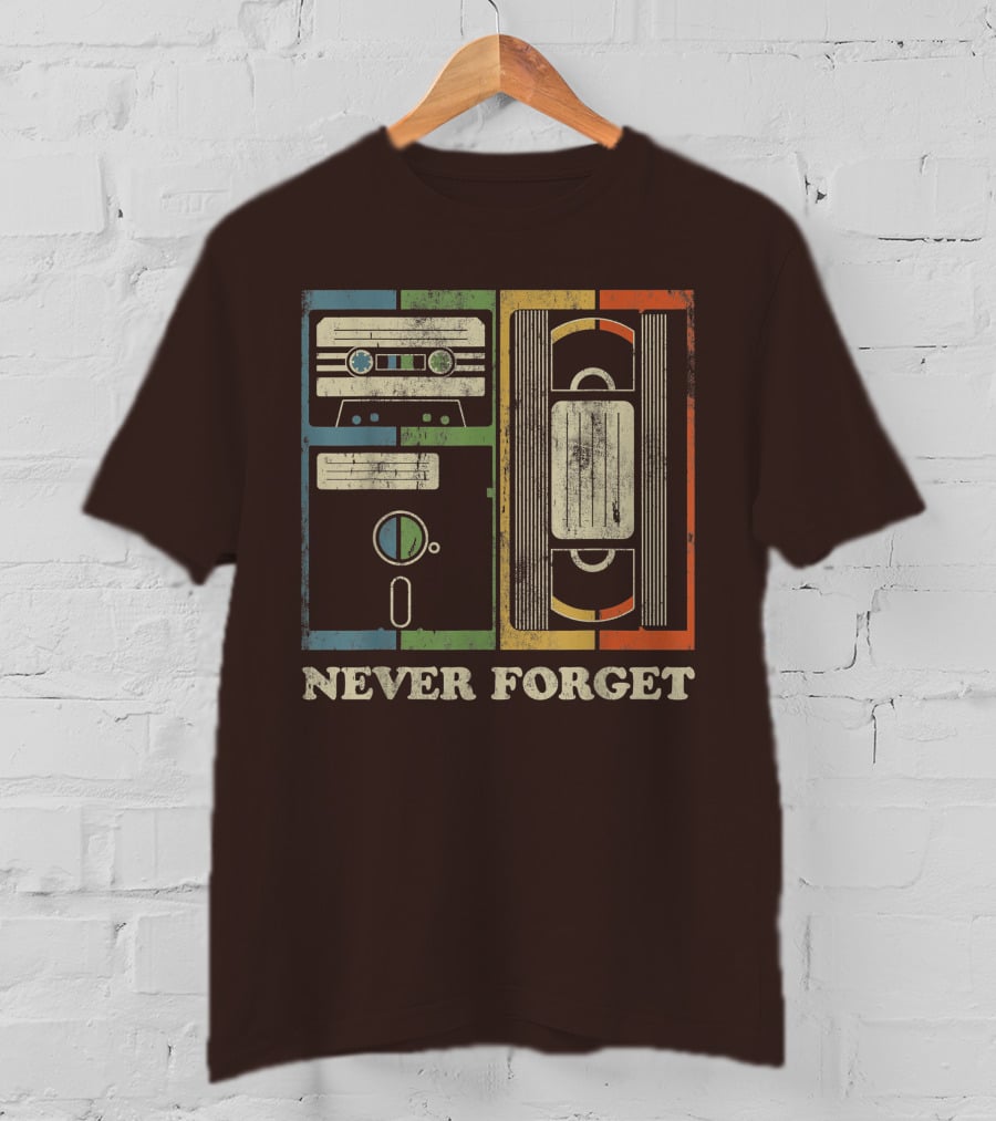 Never Forget Retro Vintage Cassette Floppy VHS Cool Funny Geeky Nerdy T-Shirt