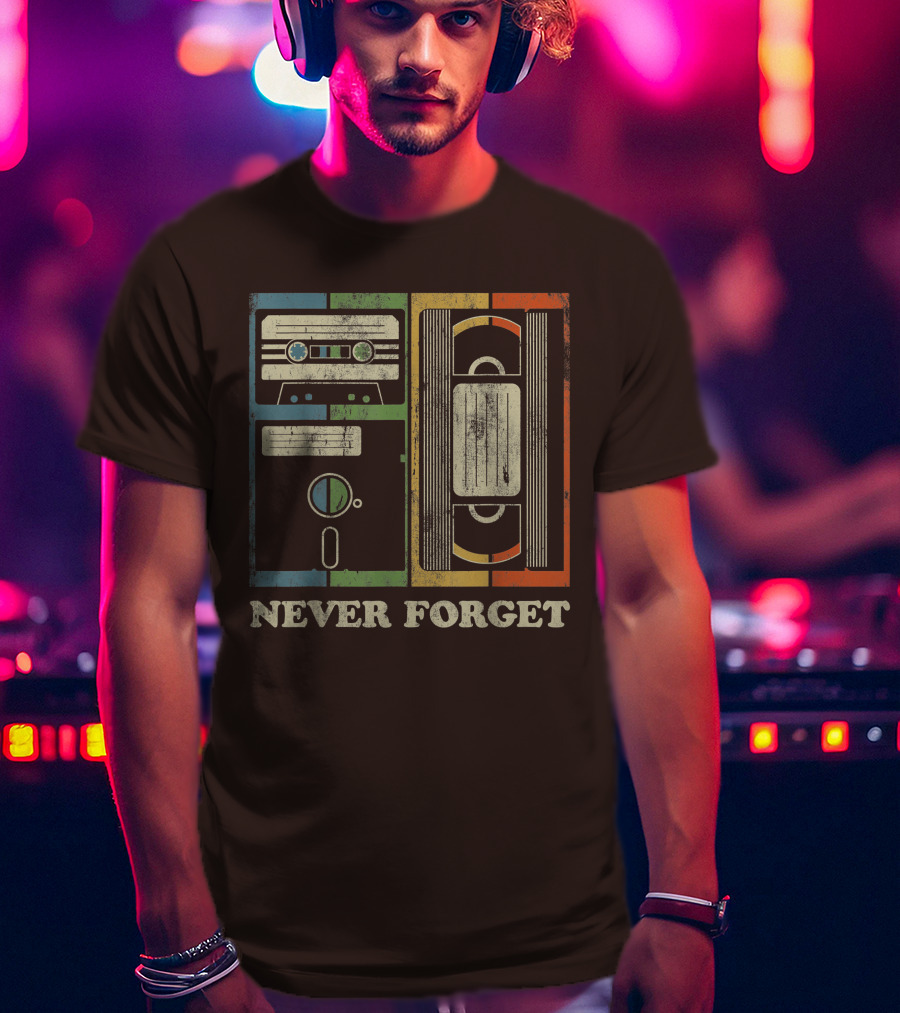 Never Forget Retro Vintage Cassette Floppy VHS Cool Funny Geeky Nerdy T-Shirt
